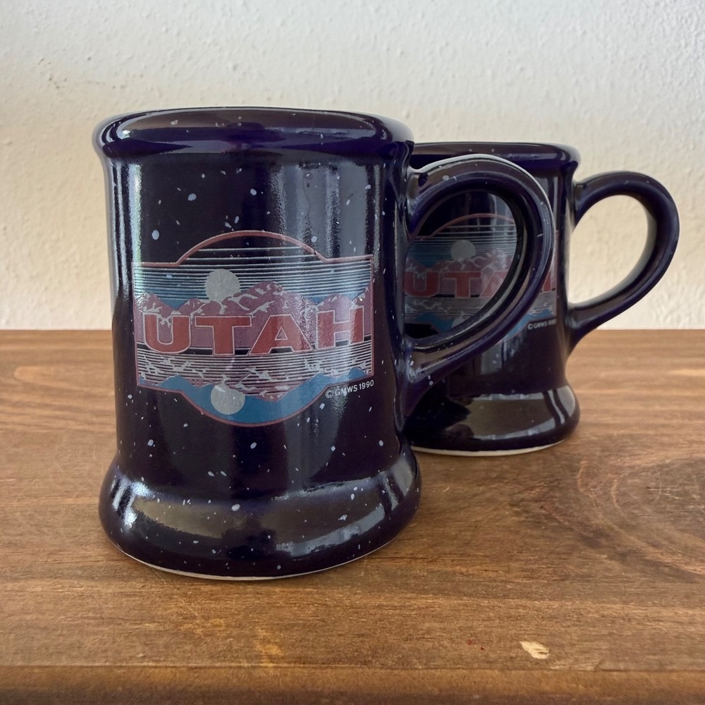 Vintage Utah Ceramic Mug Set 1990 Blue‎ Speckled Coffee Cups Retro USA